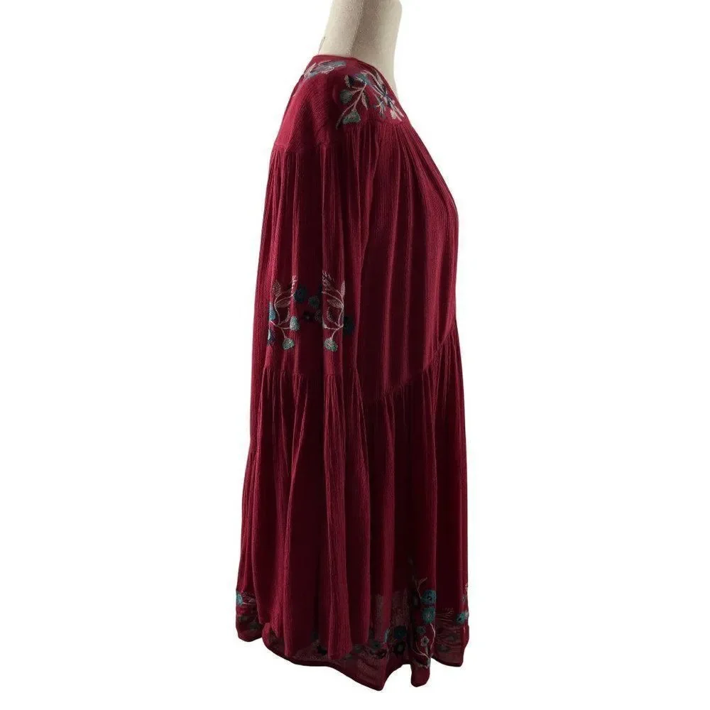 Free People Te Amo Embroidered Mini Dress Red XS Flared Sleeve Flowy Oversized